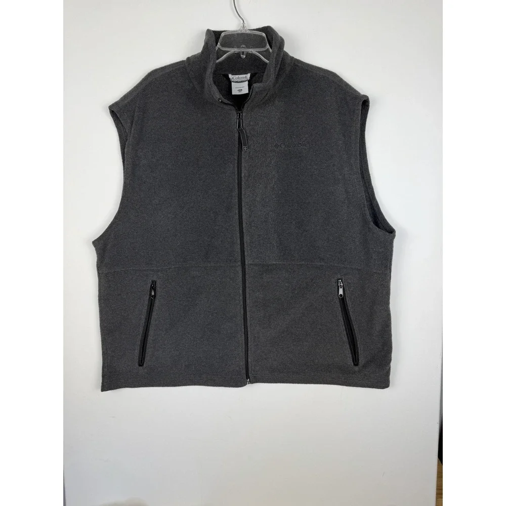 Men's Columbia‎ Dark Gray Fleece Vest Full Zip Zippered Side Pockets Size 2XL